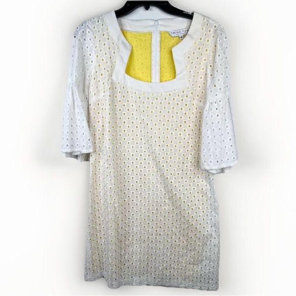 Trina Turk White Eyelet Bell Sleeve A-Line Dress Size 8 Yellow Lining Cotton - Picture 1 of 13